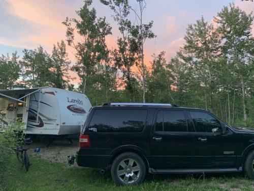 trailer backed in to a campground