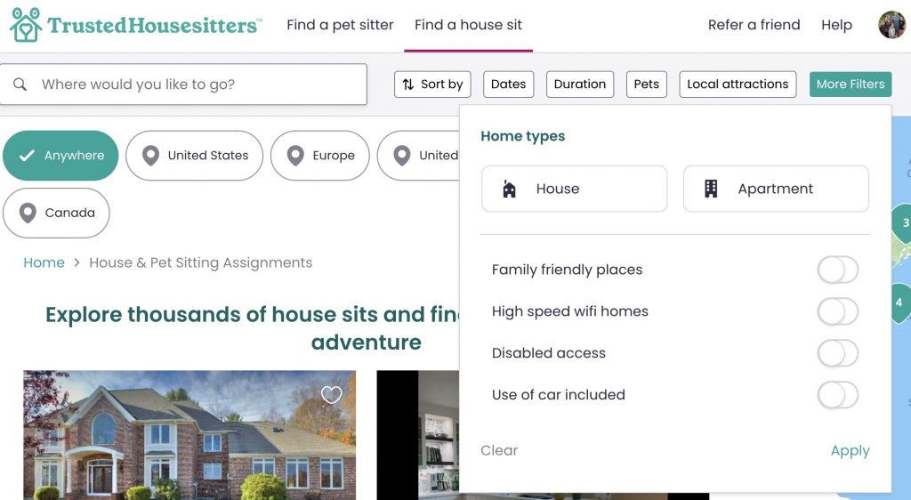 Trusted Housesitters review and filtering options
