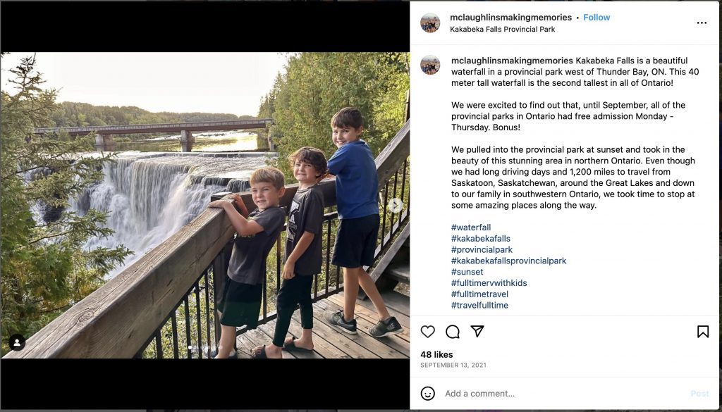 Stopping at a water fall on a family road trip in Northern ontario