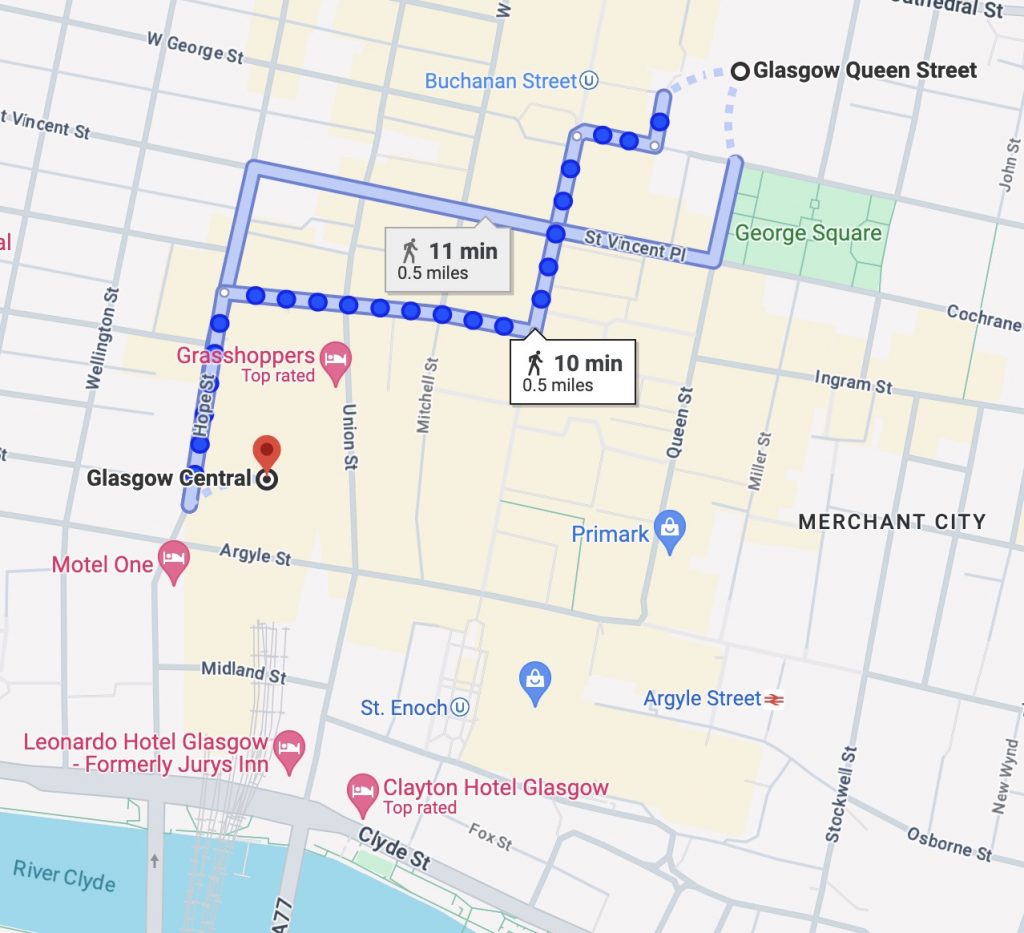 Map showing walking directions from Glasgow Central to Glasgow Queen Street