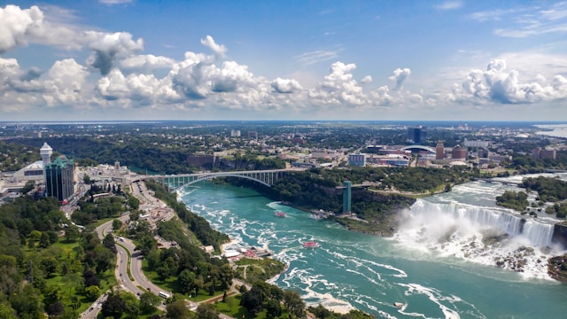 Drone shot of Niagara Falls facing North