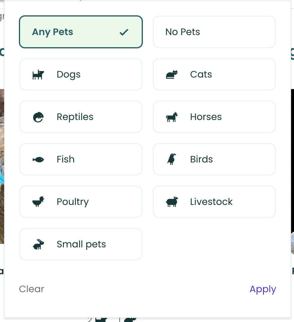 searching for types of pets on Trusted housesitters