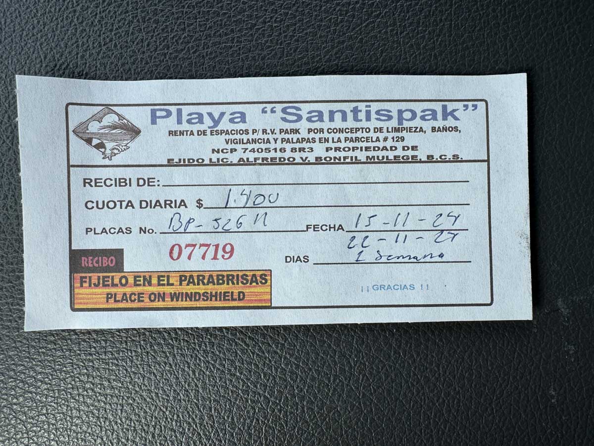 Receipt for RVing at Playa Santispac