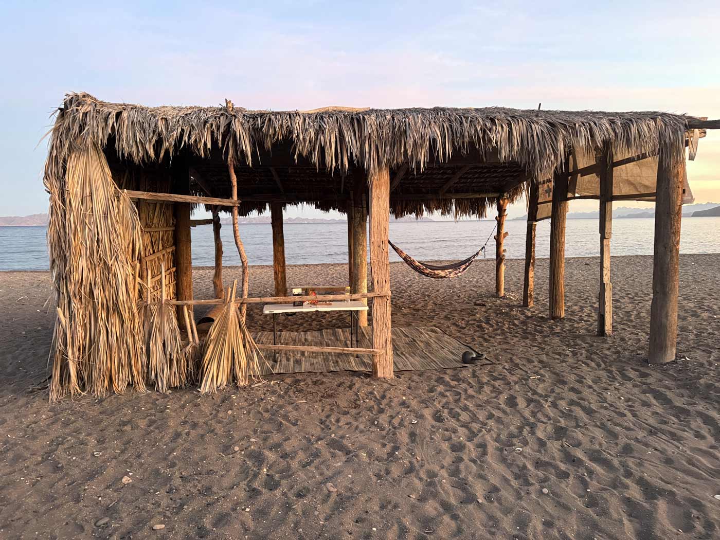 The palapa outside our RV at Playa Salinita, Loreto